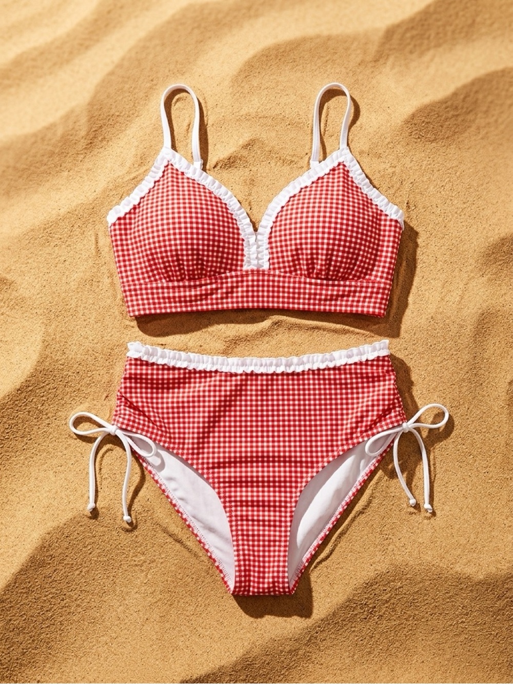 Amazon Red Gingham Bikini Set with White Trim Ruffle